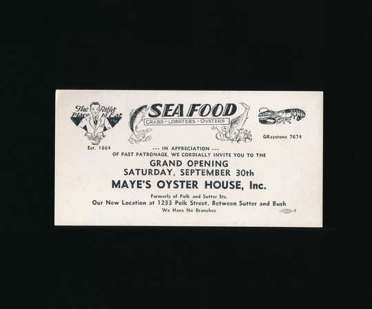 Vintage C.1930's Maye's Oyster House Advertising Ink Blotter - San Francisco, California Seafood Restaurant