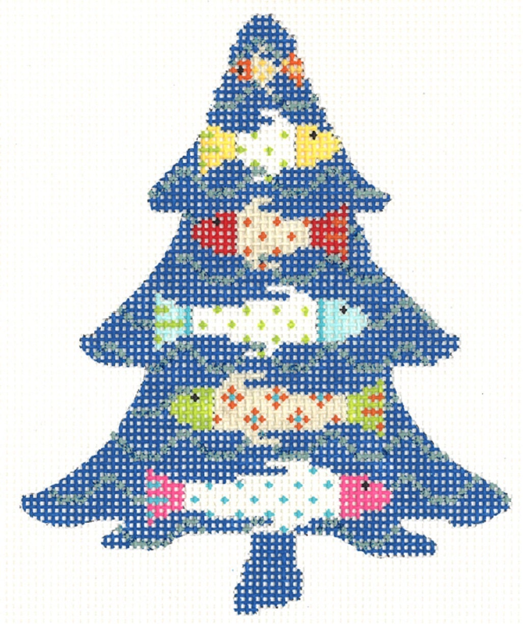 Needlepoint Handpainted Kelly Clark Funky Fish Tree with Stitch Guide -Free Us Shipping