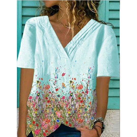 White Floral-Print Cotton-Blend Casual V Neck Shirts & Tops - Blue, XXL