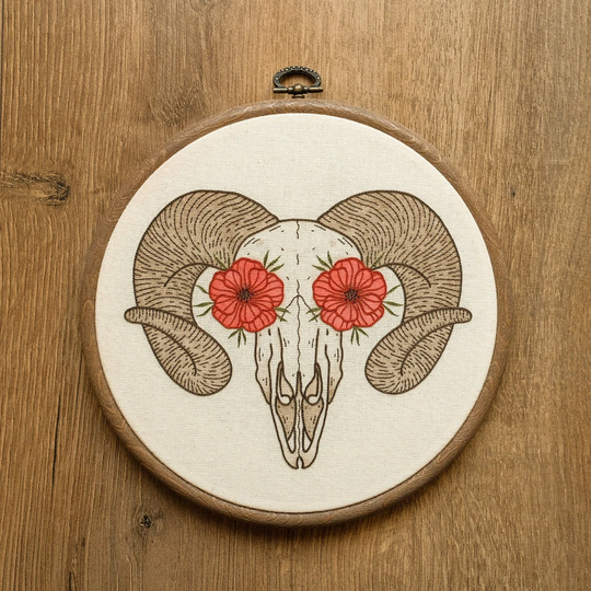 Flower Ram Skull Hand Embroidery Hoop Art - Flower Sheep Skull | Modern Hand Embroidery Wall Hanging