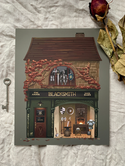 8x10 Blacksmith Fine Art Print, Cottagecore Art, Fantasy Storefront