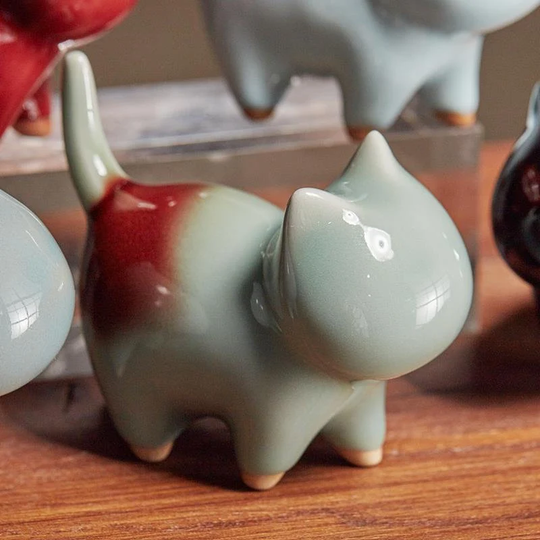 Handmade Ceramic Tea Pet Cute Cat Sculptures, Home Trays Play Crafts Ornaments