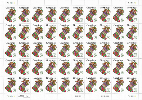 Christmas Stocking Sheet Of Fifty 29 Cent Postage Stamps Scott 2872