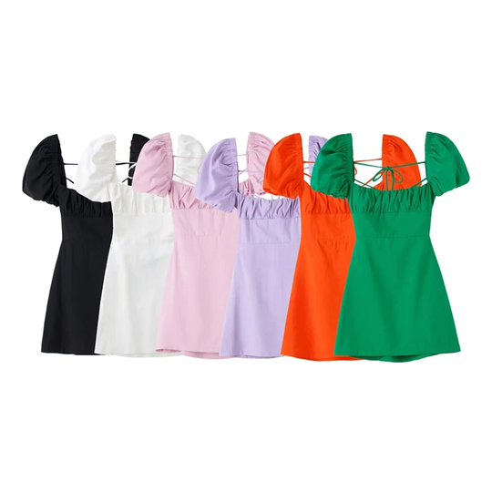 Women Fashion Linen Blend Dress | Cute Backless Square Neck Short Puff Sleeves Casual Crossover Straps Sundress