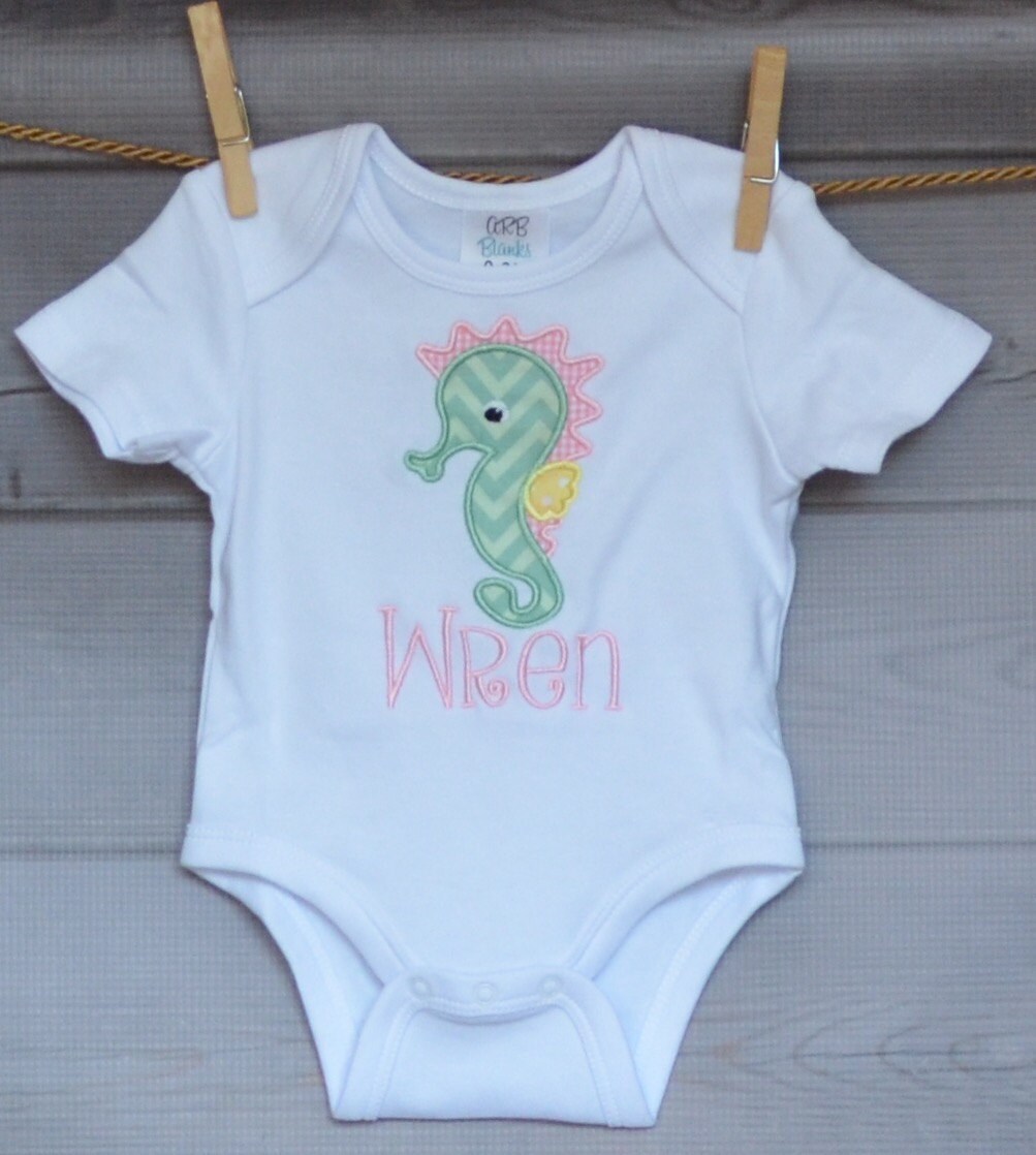 Personalized Sea Horse Applique Shirt Or Bodysuit Girl