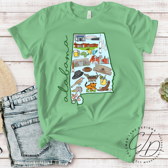 Alabama Hand Drawn City Scene Full Color Landmark Hometown State Pride Super Soft Graphic T Shirt Boutique Clothing