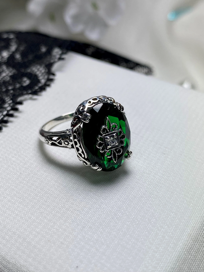 Emerald Green Ring/ Sterling Silver/ Embellished Gem Cz, Moissanite, Diamond/Floral Antique Vintage Filigree [Custom Made] Design#70E