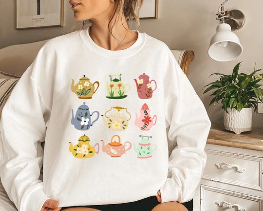 Cottagecore Teapot Sweatshirt Vintage Teapots Gift For Tea Drinkers Cottage Core Clothing Pots Pattern Cute Lover Sweater Kettle