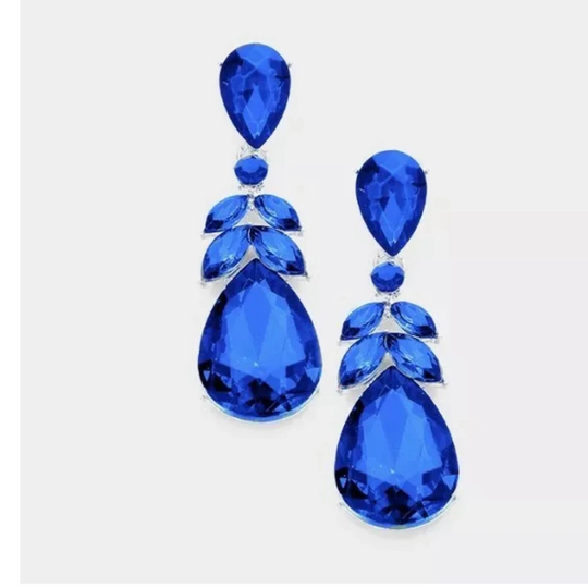 Royal Blue Earrings Long Teardrop, Electric Dangle Pageant Rhinestone Crystal Pierced 2.25"