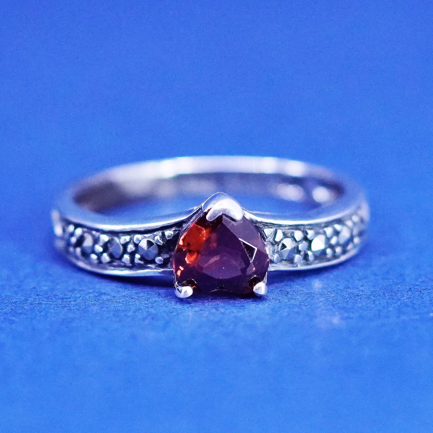Size 7.25, Vintage Sterling Silver Handmade Ring, 925 Stackable Band With Heart Ruby & Marcasite, Stamped