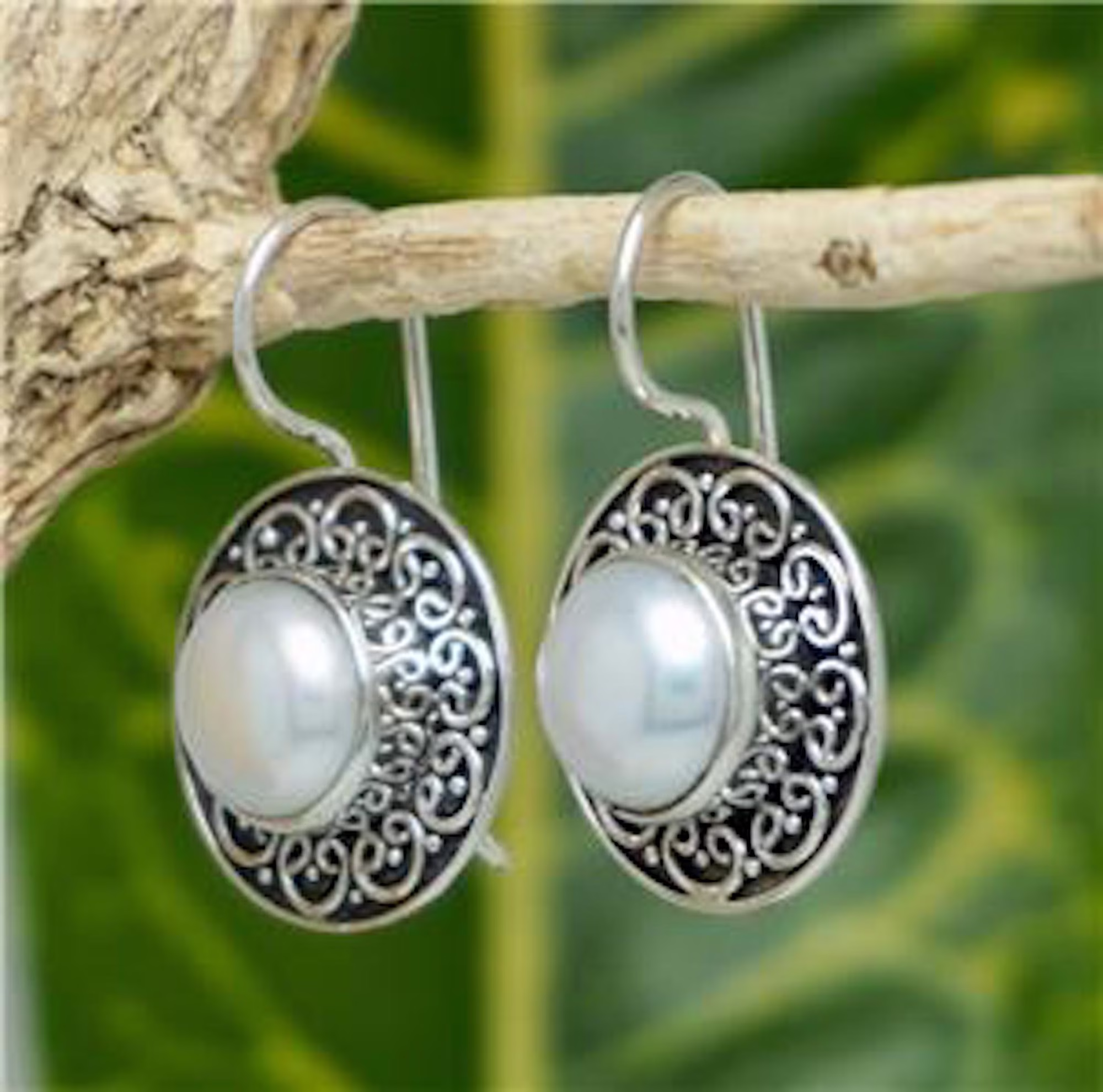 sterling Silver .925 Round Dangle Pearl Earrings W Swirl Accents & Hook