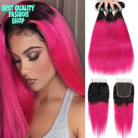 Brazilian Straight 1B/Hot Pink 3-4 Bundles With Closure 4x4 Remy 100% Human Hair Extensions