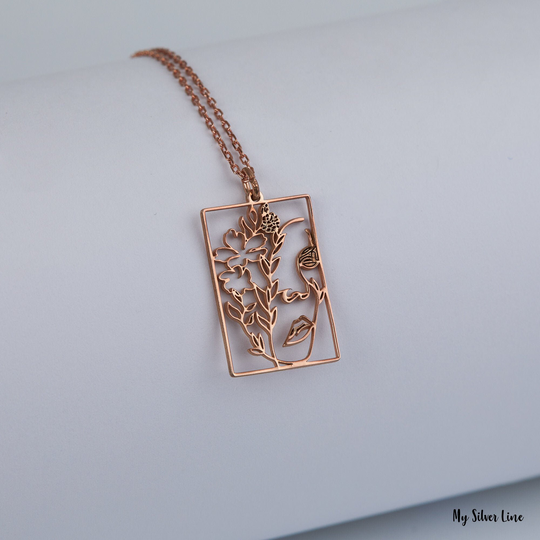 Woman Flower Face Necklace, Sterling Silver/Gold/Rose Gold, Gift For Her, Line Art Best Friend Gifts, Birthday Gift