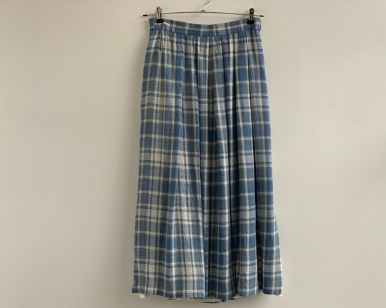 Vintage Linen Blend Sky Blue Checkered Plaid Dirndl Below The Knee Skirt Size M