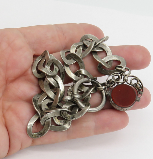 Victorian Sterling Silver Agate Fob Pendant Chain Double Sided
