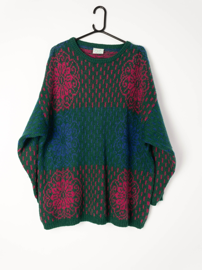 Womens Vintage Benetton Longline Mohair Blend Jumper in Bright Abstract Design - Large/Extra