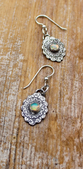 Ethiopian Opal Earrings, Sterling Silver Scalloped Drop Artisan Earrings