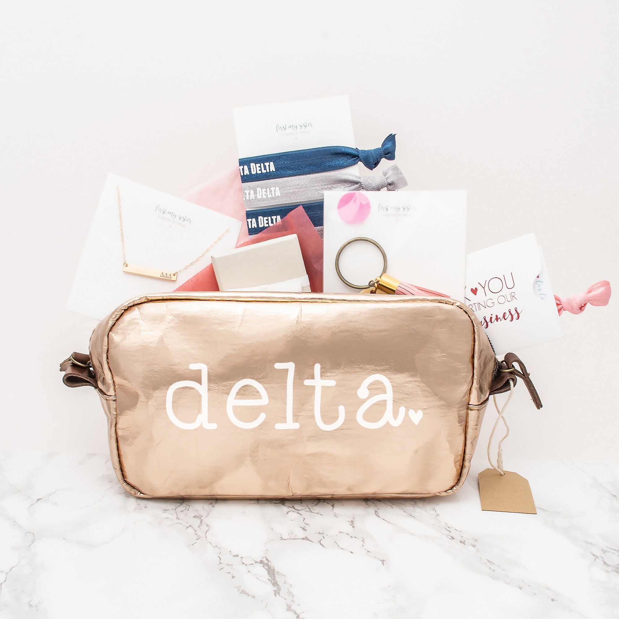Tri Delta Gift Set, Sorority Gifts Bundle, Greek Pack With Bag, Bar Necklace, Rings, Hair Ties & Keychain