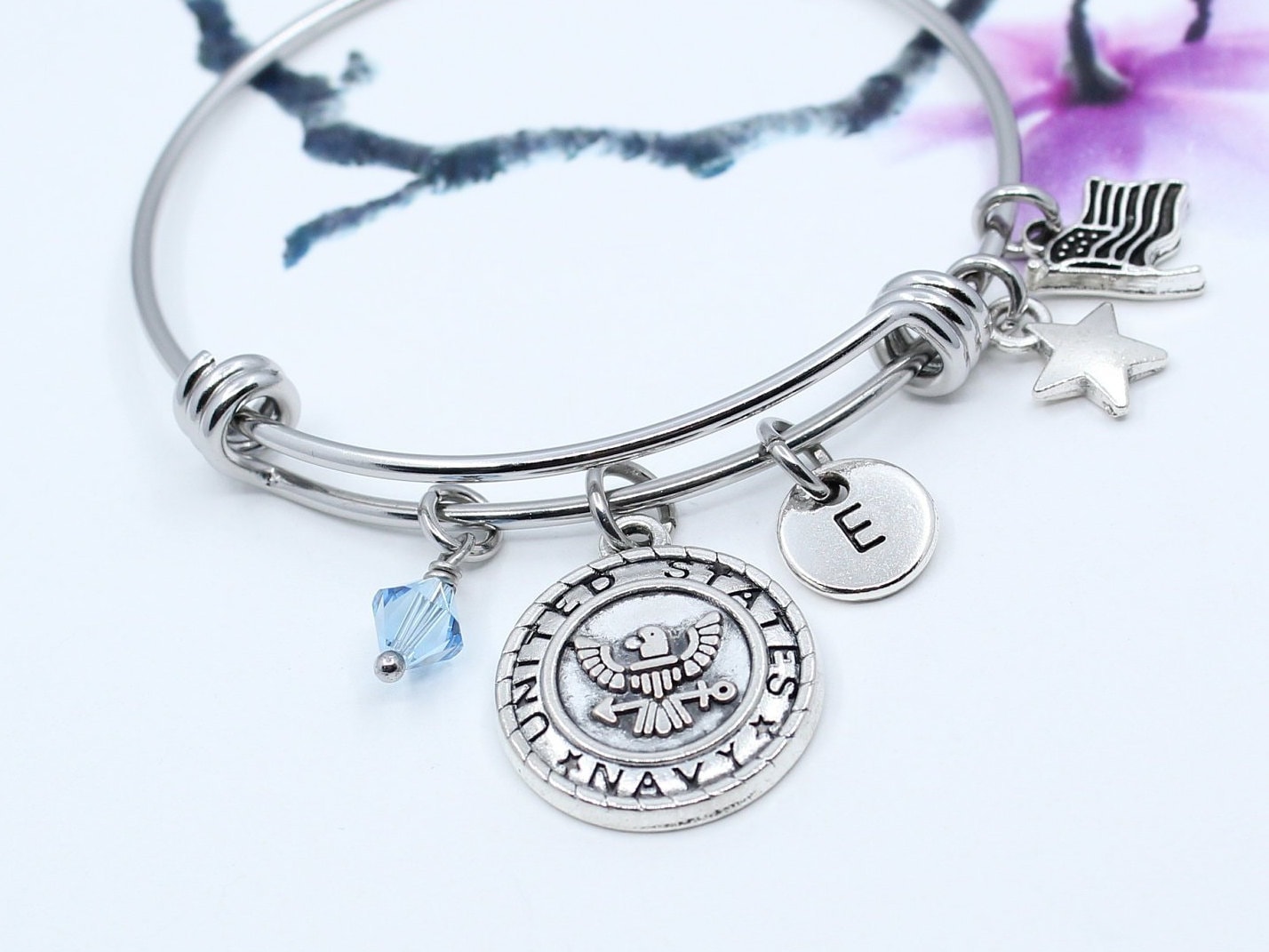 Us Navy Bracelet, Personalized Charm Bangle Gift For Navy, Jewelry, Military