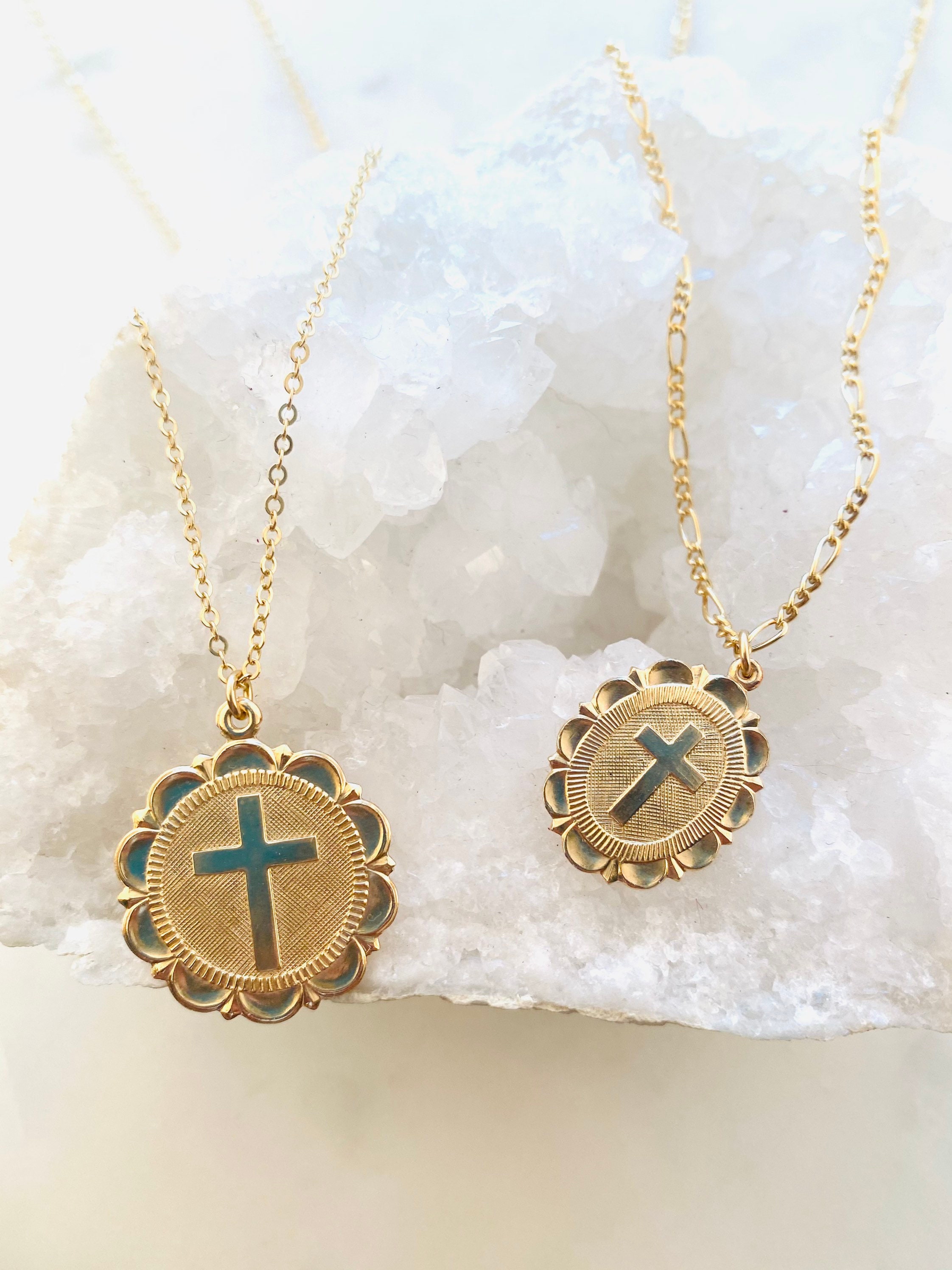 Cross Scalloped Round Or Oval Medallion Chain Necklace, Easter Gift, Everyday Dainty Gifts For Her, Pray For Us Necklace