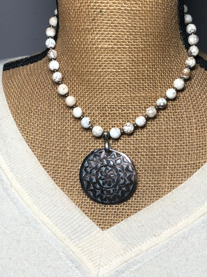 White Buffalo Turquoise Gemstones, Rainbow Beading, Hand Carved Shell Pendant Necklace