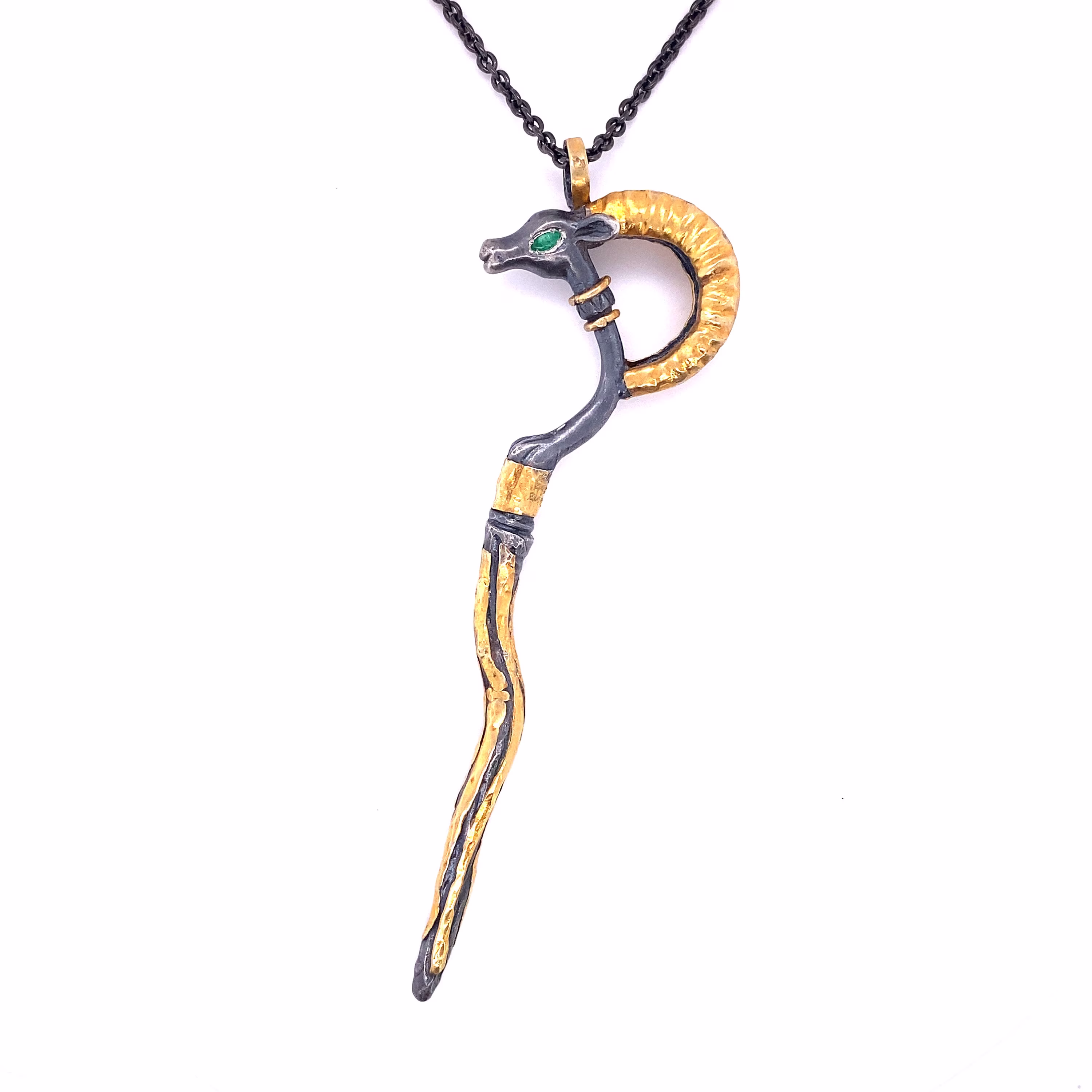 Emerald Eyes, Large Ancient Ram Pendant, 24K & Silver, Handmade By Prehistoric Works Of Istanbul, Turkey, Elkandhammer.com