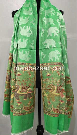 Elephant Design Cotton Wool Blend White Shawl/Wrap Scarf/ Stole