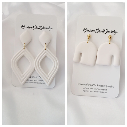 White Earrings, Polymer Clay, Dangle, Drop, Stud