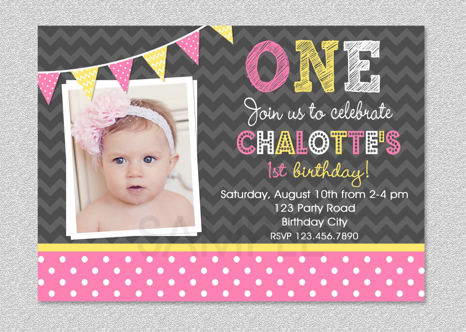 Pink & Yellow Birthday Invitation, Girls 1st Childrens Invitations, Birthday, Printed Inviations