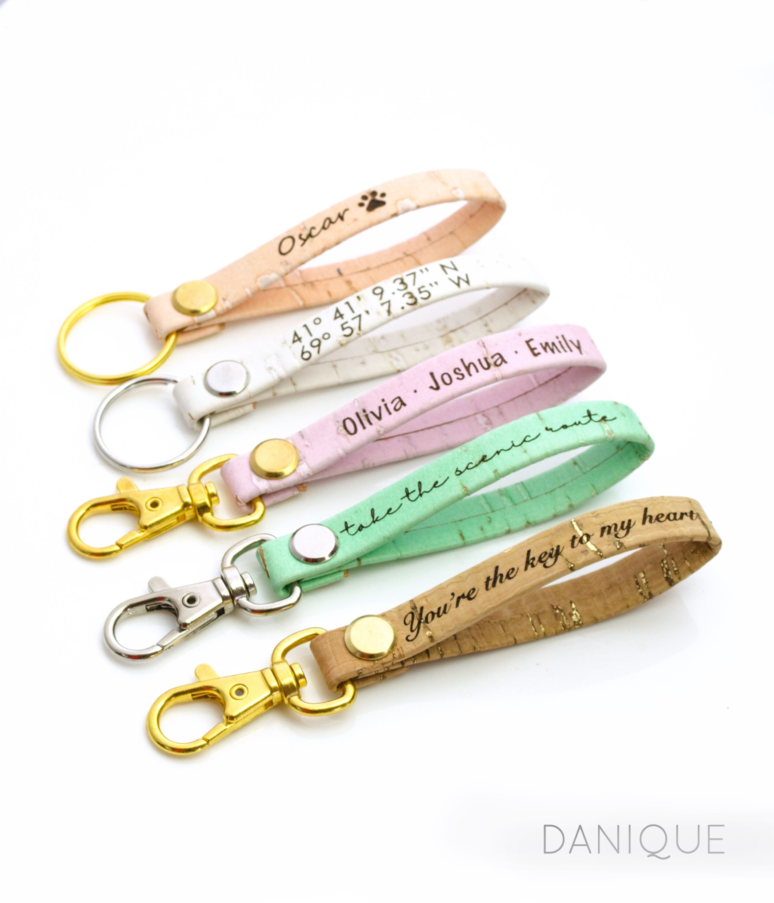 Personalized Natural Cork Keychains, Custom Engraved Coordinates Keychain, Handmade Colorful Vegan Key Chains, Monogram Name Bridesmaid Gift
