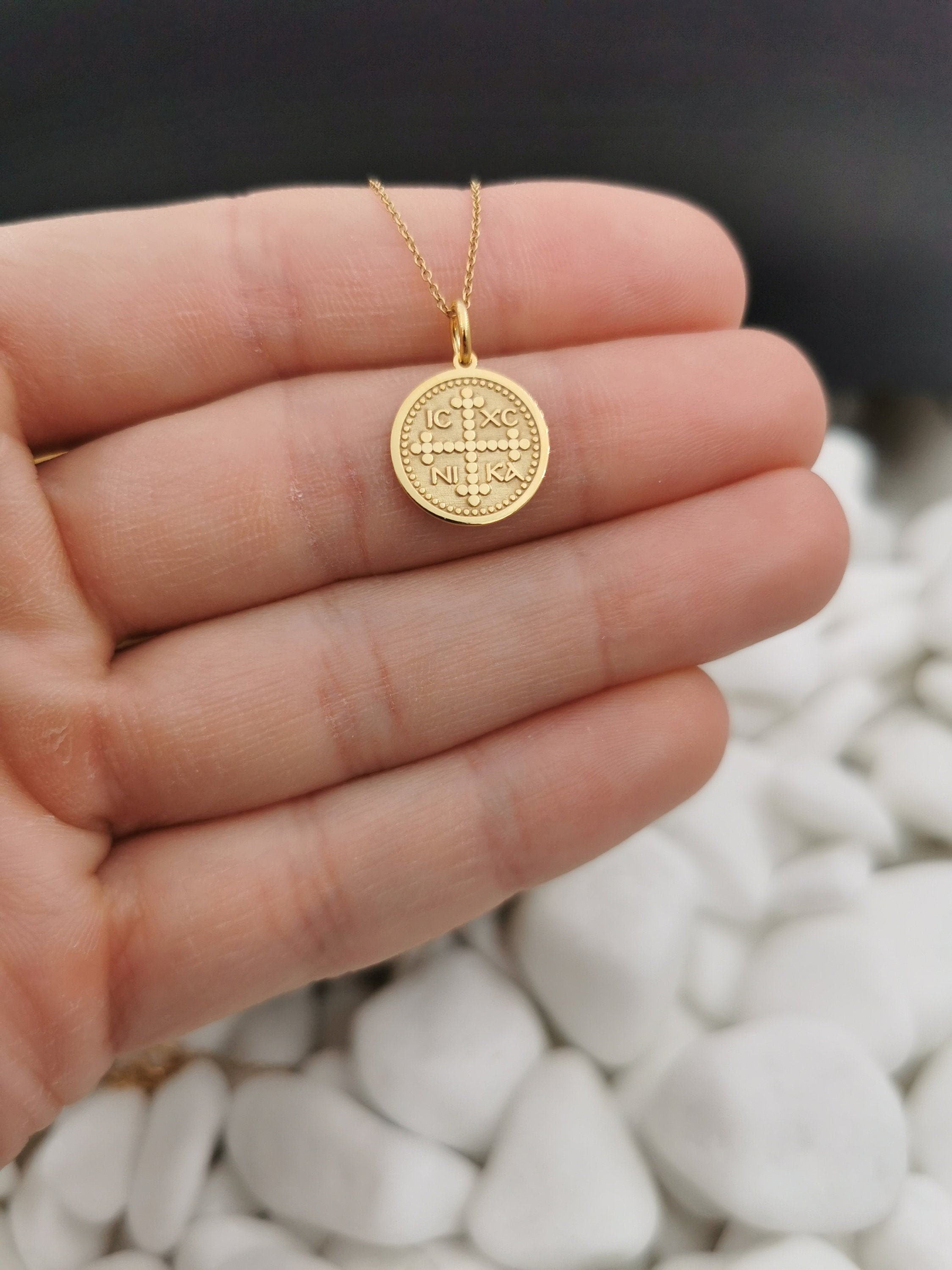 Dainty 14K Solid Gold Byzantine Cross Necklace, Personalized Pendant, Icxc Nika Protection Gift