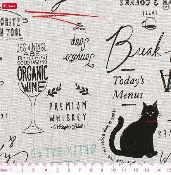 Linen 1/2Y Japanese Cotton Blended Fabric/ Medium Weight High Quality Cosmo Linen Half Yard 18x44 - Black White Cat"