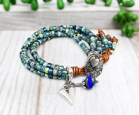 Boho Wrap Bracelet/ Beaded Heart Seed Bead Bracelets For Women/ Leather Wrap/ Four Strand Bracelet
