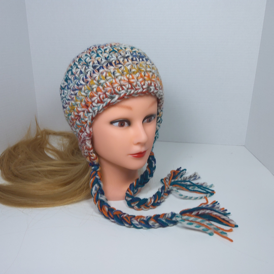 3 Color Options, Wool Blend Chunky Yarn Beanie With Ear Flaps & Braids, Fits Women Small To Adult Medium