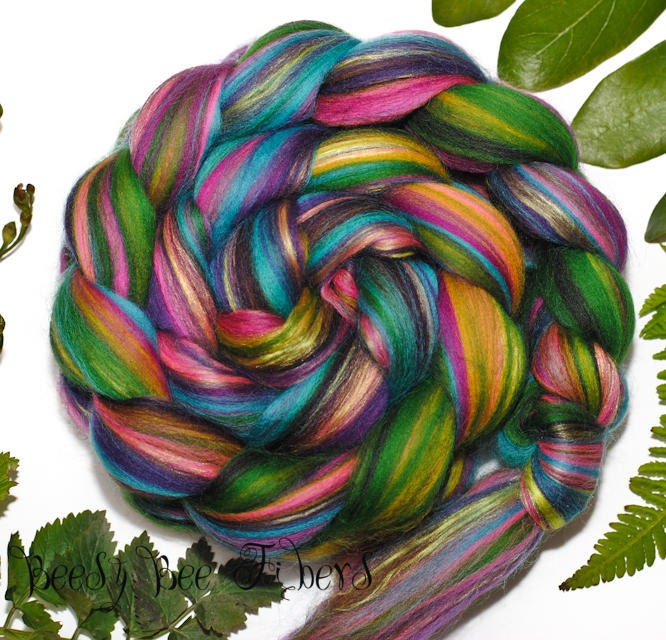 Forest Jewels - Custom Blend Merino & Mulberry Silk Combed Top Wool Roving For Spinning Or Felting in Bright Colors -4 Oz