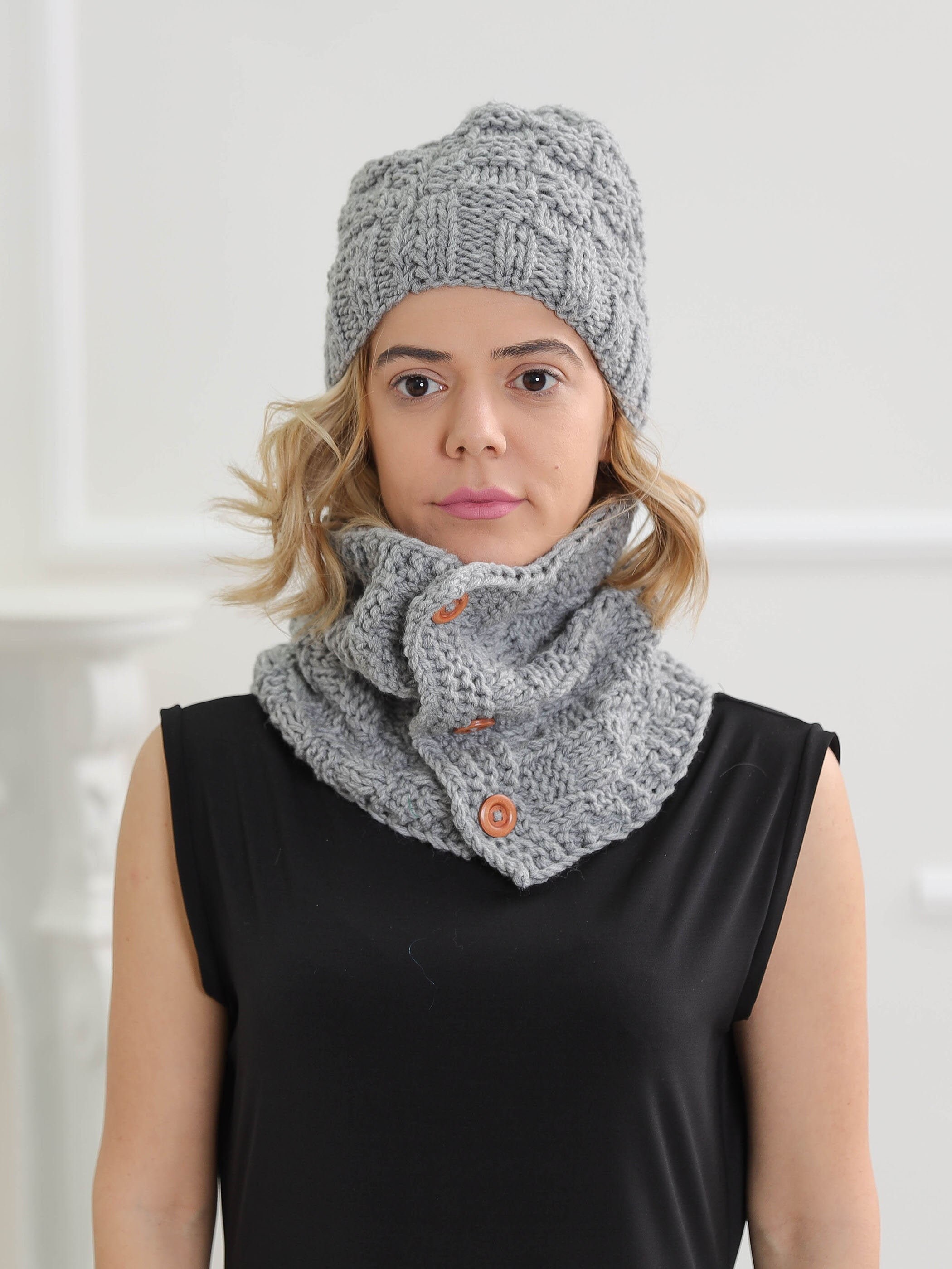 Gray Wool Hat & Scarf Set, Thick Crochet Wool Beanie Hat, Warm Cable Knit Button Scarf