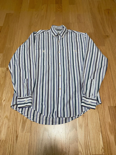 Vintage Yves Saint Laurent White Multi Color Vertical Stripe Long Sleeve Cotton Button Up Shirt Size Small