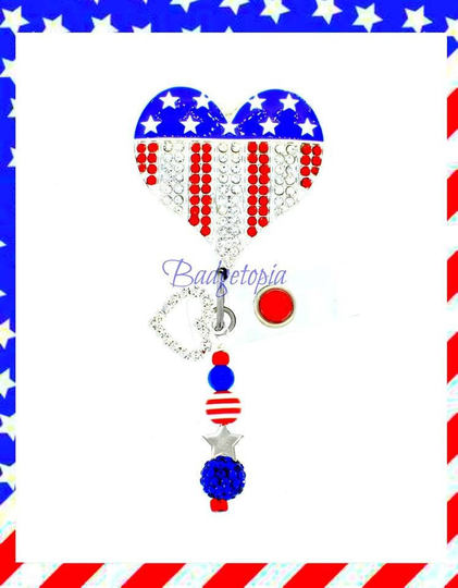 4Th Of July Badge Reel Independence Day Nurse Bling Id Holder American Flag Heart Red, White, & Blue
