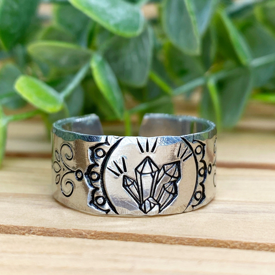 Crystal Queen Custom Hand Stamped Adjustable Wide Band Silver Aluminum Ring, Celestial Jewelry, Witchy Gift, Spiritual Gift For Her