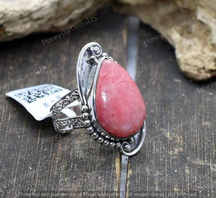 Rhodochrosite Ring 8.5 Us Silver | Handmade Ring, Statement Birthstone Cabochon Vintage Anniversary Gift A68