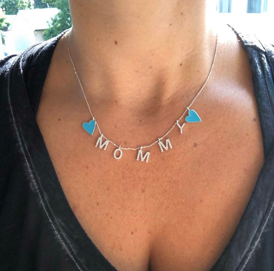 sterling Silver Customized Personalized Mommy Necklace. Personalized Enamel Heart