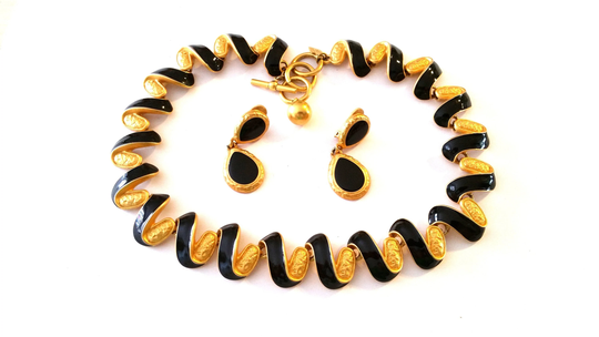 Vintage Anne Klein Gold Black Enamel Necklace & Clip Earrings Set/ Parure