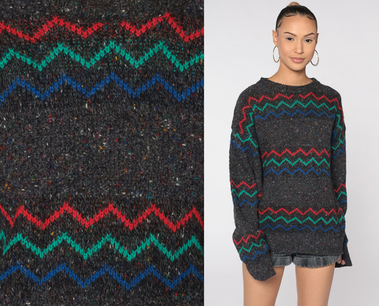 80S Sweater Zig Zag Print Knit Jumper Grey Striped Wool Blend 1980S Statement Vintage Pullover Men's Medium