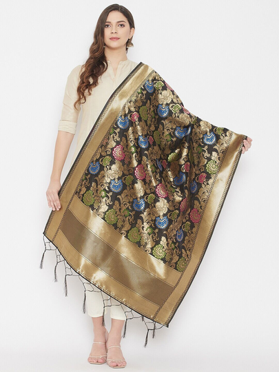 Women's Silk Blend Gold-Toned & Blue Woven Design Dupatta Free Shipping