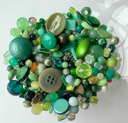 Lenora Dame Raw Materials Upcycled Surprise Bead Soup Mix in Green Tones - Jewelry Making Supplies 4x4-Inch Bag