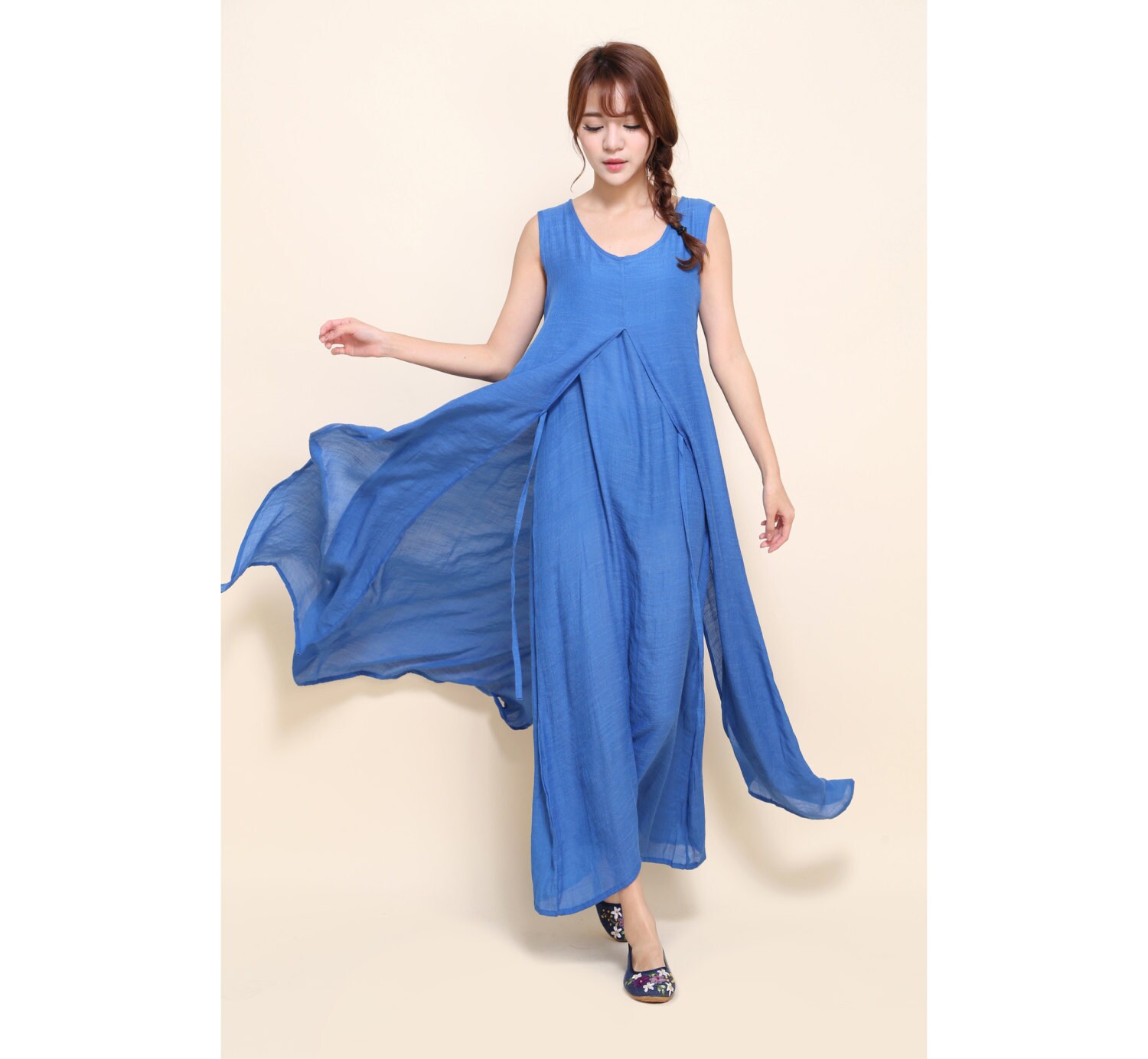 Two Layered Sleeveless Silk Linen Blend Long Dress /Two Dfferent Looks in One Dress/ 24 Colors/ Ramies
