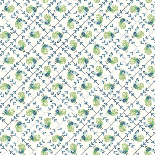 Lori Holt Cook Book Fabric By Riley Blake - White Blue & Green Rooster The 1/2 Yard Or Fat Quarter