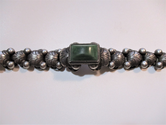 1930's Vintage Mexican Silver & Cut Green Jade Hand Fabricated Sculpted Southwestern Leaf & Ball Bracelet, Large 8 Inch Size | Crmi