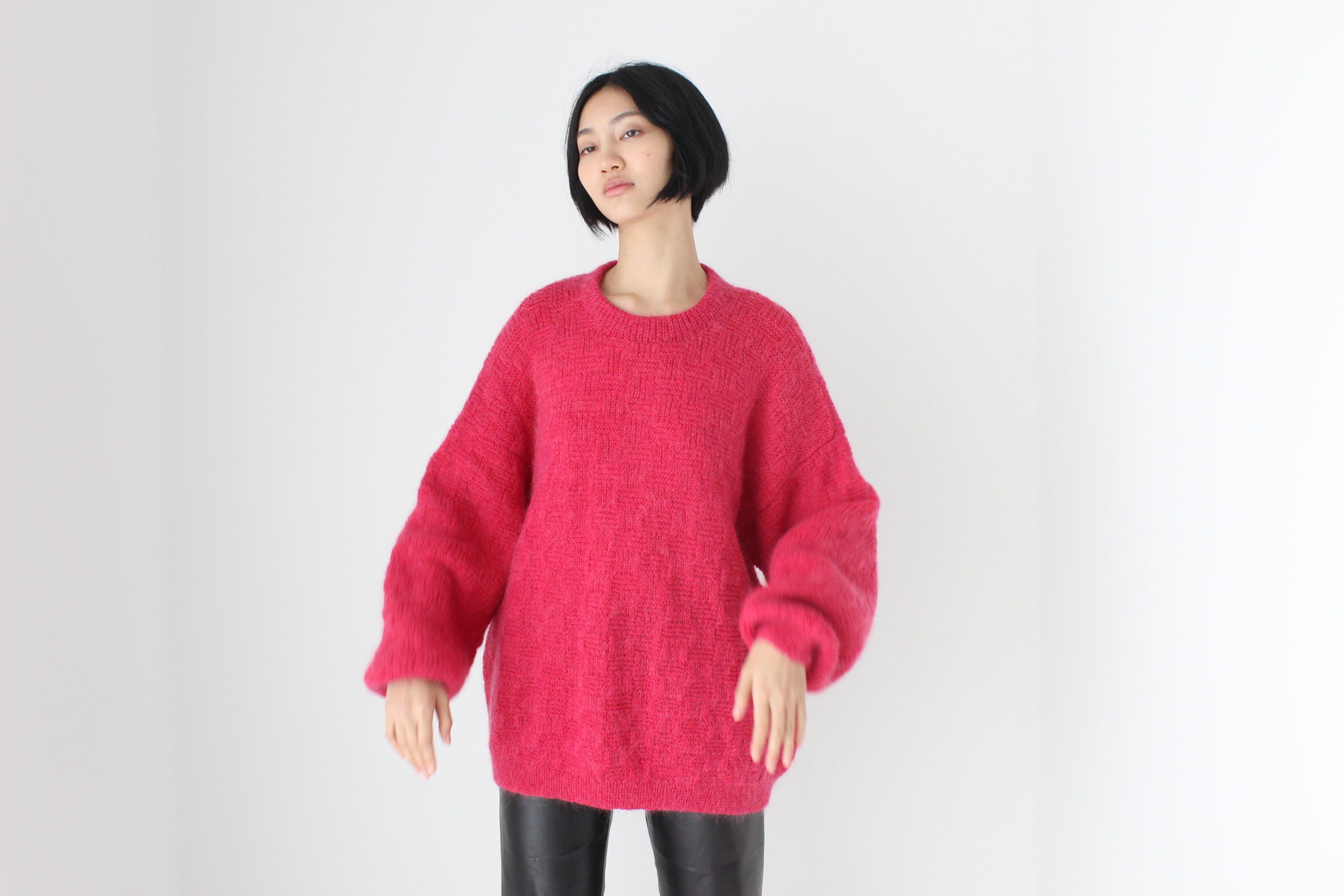 80S Hand Knit Wool & Mohair Blend Bubble Sleeve Roomy Oversized Sweater Dress