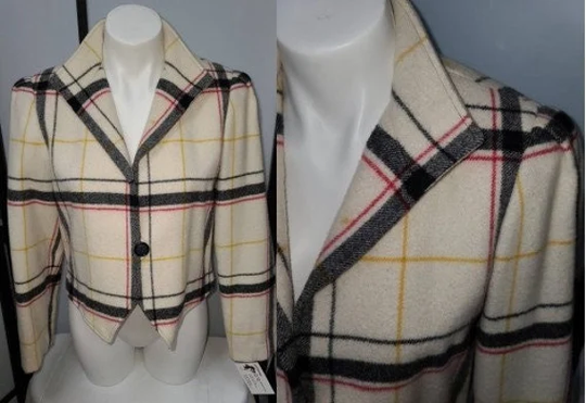 Sale Vintage 1980S Jacket Cream Red Blk Yellow Plaid Grid Cropped Wool Nylon Blend Boho S